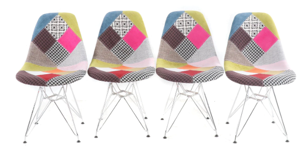 Eames-style DSR chairs with patchwork upholstery and eiffel-style legs.