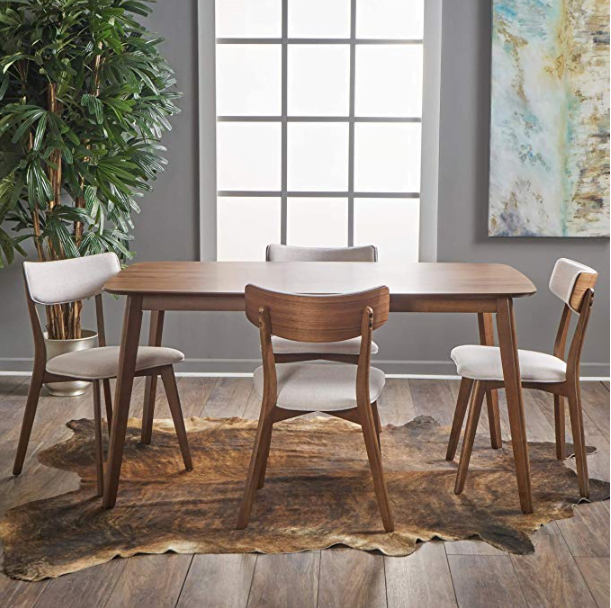 GDF Studio 301320 Aman Mid Century Natural Walnut Finished 5 Piece Wood Dining Set with Light Beige Fabric Chairs