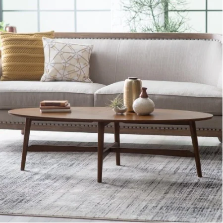 Darby Mid Century Modern Coffee Table Oval Top Made with Solid Poplar, Rubberwood, and Birch Veneers in Dark Walnut Finish 