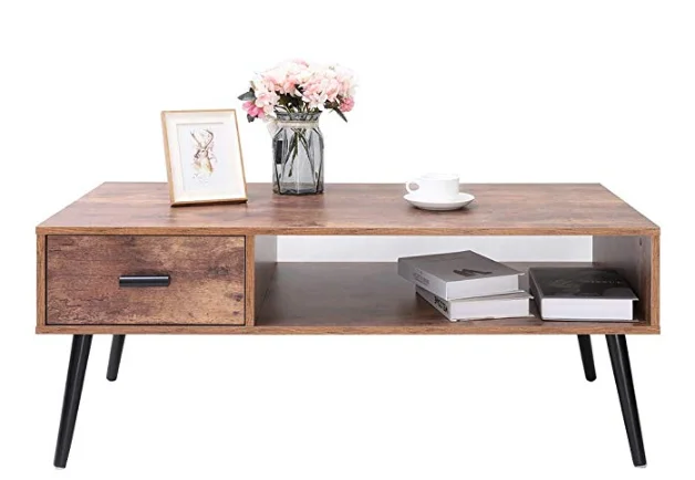 IWELL Mid-Century Coffee Table with 1-Drawer and Storage Shelf