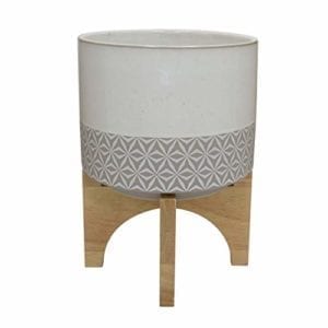 Rivet Mid-Century Stoneware Planter with Wood Stand