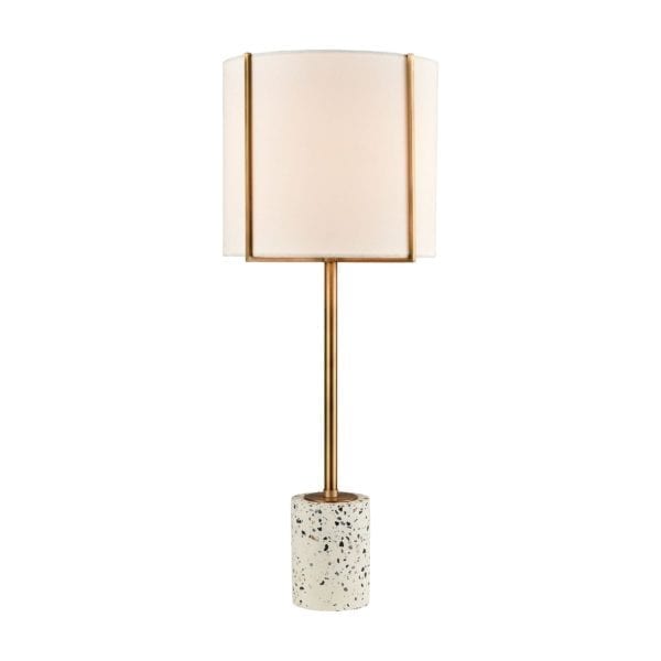 Trussed Table Lamp in White Terazzo and Gold with a Pure White Linen Shade